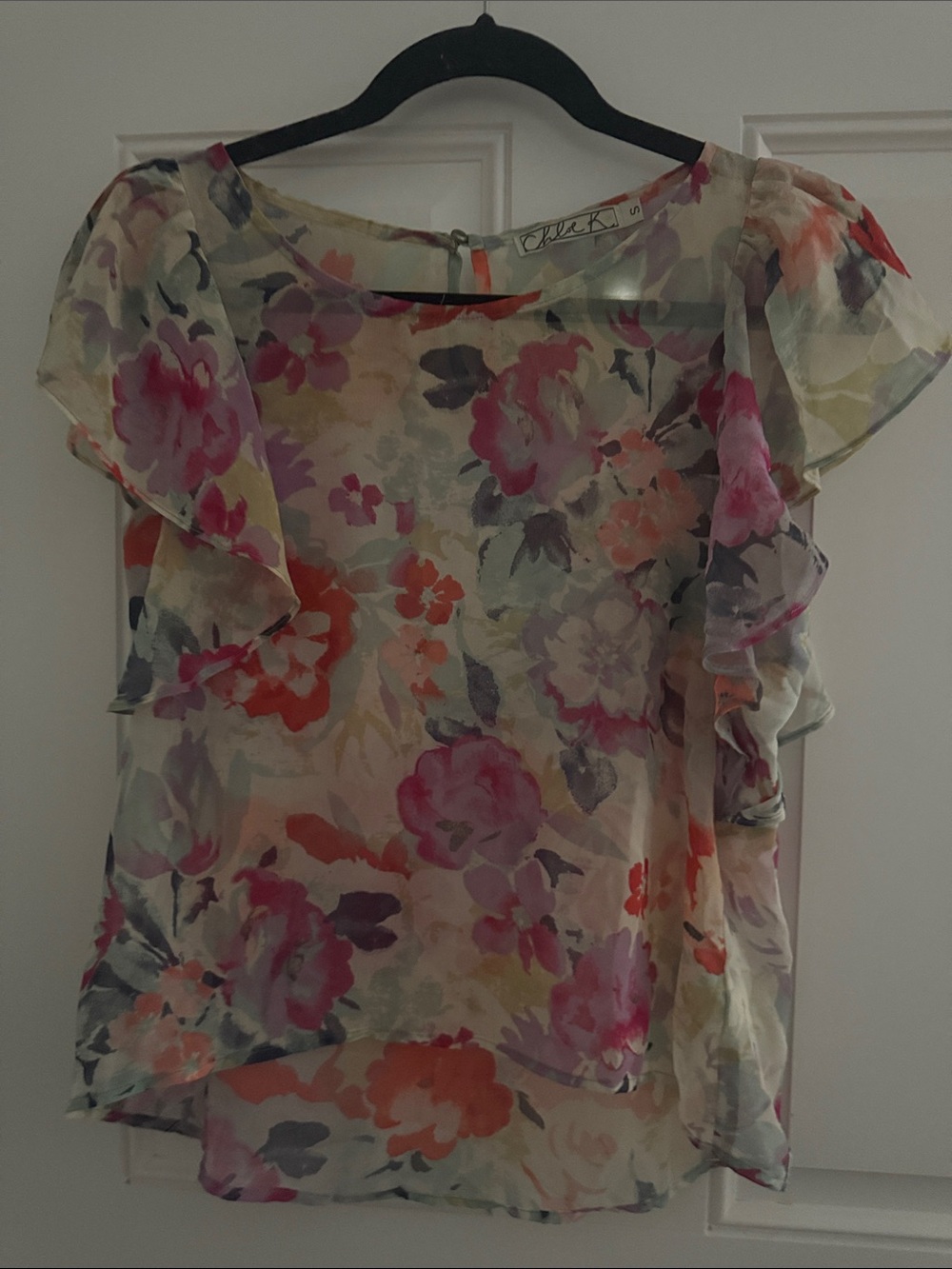CHLOE K Floral Ruffle Sleeve Sheer Blouse - Pink/Multicolor